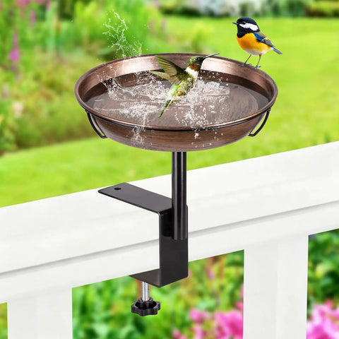 Badass Deck Mounted Metal Bird Bath For Your Backyard Folks With Detachable 12 Inch Birdbath Bowl And No Sweat Adjustable Railing Clamp For Rustproof Outdoors with birds bathing.
