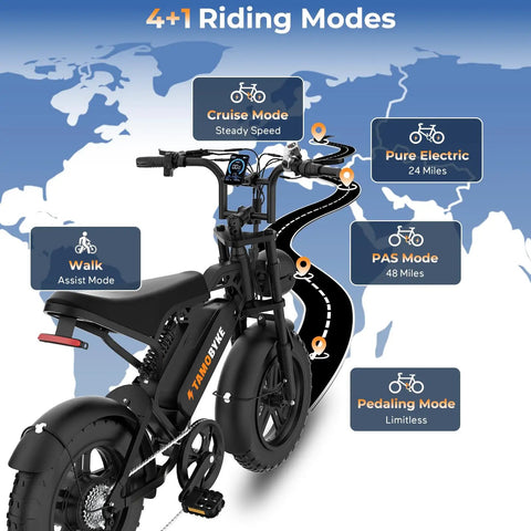 Raw Power 1000W Fat Tire Electric Bike For Teens And Kids showcasing 4+1 riding modes on a world map background.