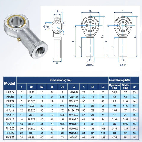 4 Pack PHS10 Rod End Bearing M10x1.5 Right Thread Self Lubricating Female Thread Steel Joint With Jam Nuts For Forging Machines, Hydraulic Cylinders, CNC Equipment, Steering Linkages And Heavy Duty Machinery, PHS10 size chart