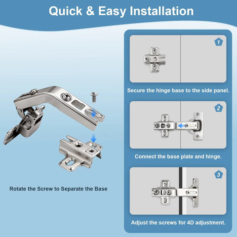 Installation steps for Slick Self Closing Corner Cabinet Hinges For Lazy Susan Doors with adjustable features.