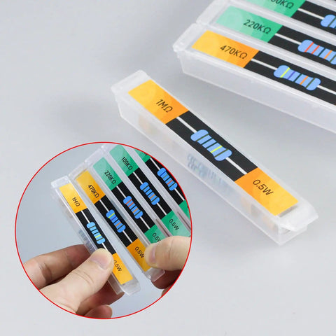 Close-up of Metal Film Resistor Kit With 600 Pieces 30 Values From 1 Ohm To 1 Megaohm 1 Percent Tolerance 0.5W in clear lattice box