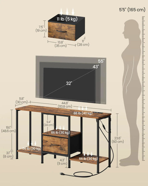Top Shelf TV Stand And Media Console Fit For Screens Up To 55 Inches Featuring Easy Access Storage Drawers And Open Shelving dimensions and features.