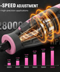 Close-up of Pink 4V Cordless Rotary Tool Kit With Seventy Heavy Duty Bits And Slick Engraving Handle showing 6-speed adjustment and motor. 