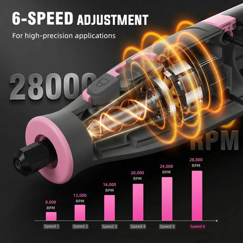 Close-up of Pink 4V Cordless Rotary Tool Kit With Seventy Heavy Duty Bits And Slick Engraving Handle showing 6-speed adjustment and motor. 