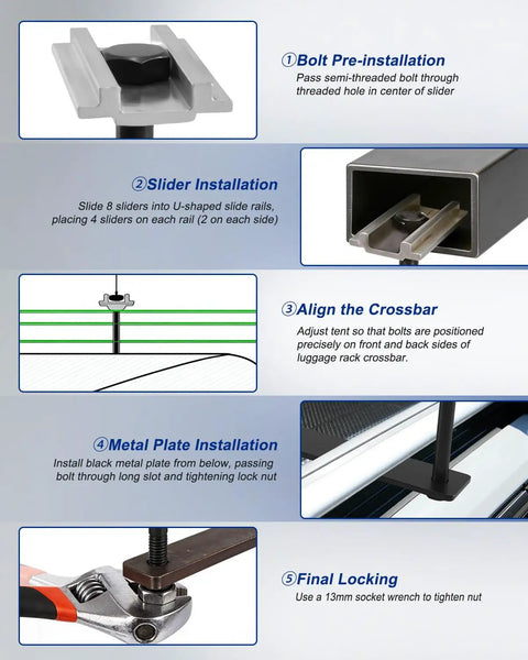 Rooftop Tent Mounting Hardware Kit With Aluminum Brackets And T Sliders Eight Universal Sliders For Quick Rail System Fit Hassle Free Easy Install For Most Tents Hard Shell Or Folding. close-up of aluminum T-slider and bolt pre-installation