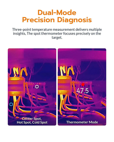 High Resolution Thermal Imaging Camera With 320x240 IR Sensor UIRA IR Thermometer Mode Native Heat Data And AI Powered Detection Portable Handheld Infrared Camera For Pros And DIY Enthusiasts showing dual-mode thermal display