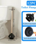 Six Pack Heavy Duty Black Toilet Plungers Featuring Solid Wood Handles and Beefy Rubber Cups next to a toilet, displaying size dimensions.