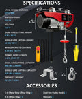 Heavy Duty Electric Hoist 440 Lb Winch With 14.1 Ft Wired Remote And Emergency Stop 110V Lift System specifications chart