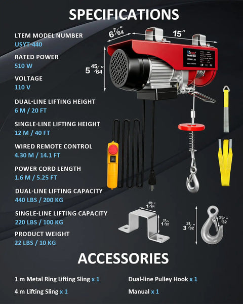 Heavy Duty Electric Hoist 440 Lb Winch With 14.1 Ft Wired Remote And Emergency Stop 110V Lift System specifications chart