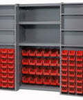 Level Up Your Shop Setup With This Heavy Duty Storage Cabinet Featuring Full Swing Roll Back Doors And 72 Bright Red Plastic Bins, open display with organization.