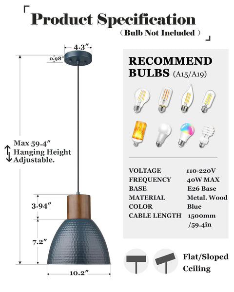 Hammered Pendant Light For Kitchen Island With 10.2 Inch Wide Solid Wood Bar Lamp Dope Industrial Pendant Lighting For Dining Room Bedroom Bar Office Modern Blue FSC Certified Wood