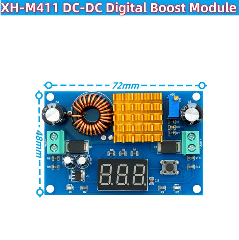 Adjustable DC To DC Boost Converter Module 3 To 35V In 5 To 45V Out 5A Max Digital Booster Module with display and components.