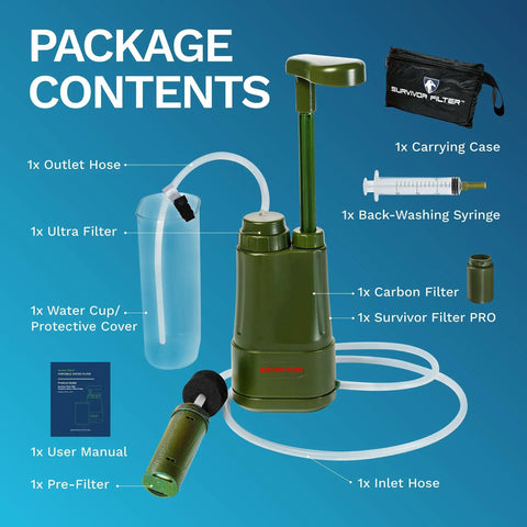 Package contents of 0.01 Micron Portable Water Filtration System for Real Survival, backpacking and camping, ultra lightweight, BPA free
