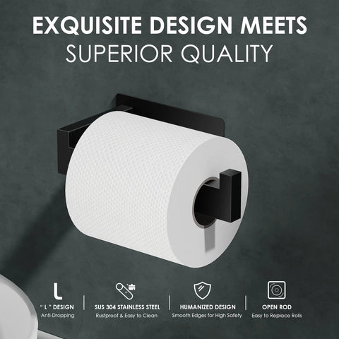 Matte Black Self Adhesive Toilet Paper Holder Wall Mount Rustproof SUS304 Stainless Steel No Drilling Easy Install for Bathroom