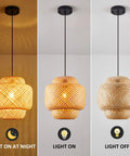 Hand Woven Boho Bamboo Pendant Light With Rattan Coastal Charm showing light on and off states in rustic style room.