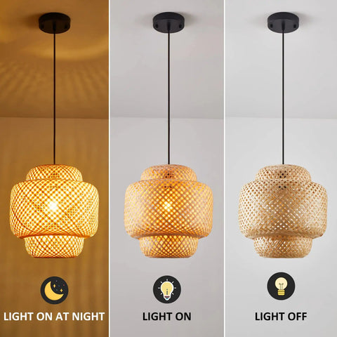 Hand Woven Boho Bamboo Pendant Light With Rattan Coastal Charm showing light on and off states in rustic style room.