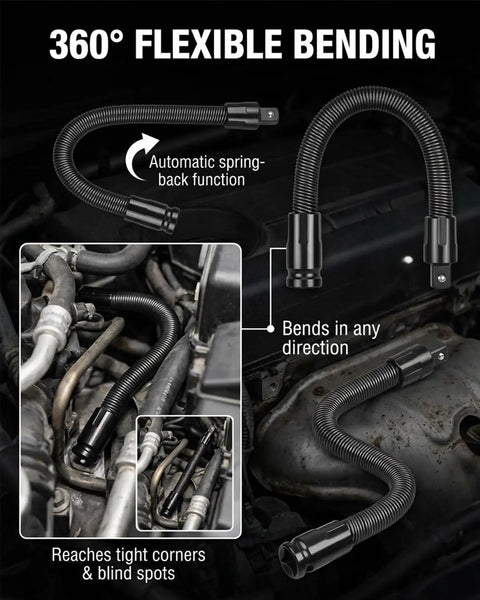 Flexible Shaft Extension 360 Degree Rod for Impact Sockets in automotive engine with tight space access demonstration.