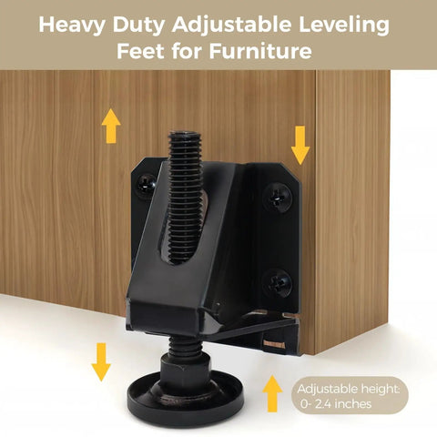 Heavy Duty Adjustable Leveling Feet for Furniture, 0-2 Inch Height Range, hex nut locking leg attaching to wood panel