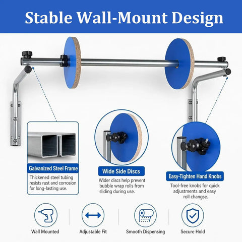 Kickass Heavy Duty Wall Mount Bubble Wrap Roll Dispenser with galvanized steel frame and wide discs for secure holding.