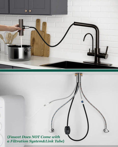 Fapully Pull-Down Kitchen Faucets, 3 Way Kitchen Sink Faucet with Pull Down Sprayer and Drinking Water Faucet, Include Deck Plate for 1 or 3 Holes Oil Rubbed Bronze in kitchen setup.