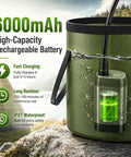 Portable Camping Shower Kit With 6000mAh Rechargeable Battery Smart LED Display waterproof pump in green foldable bucket