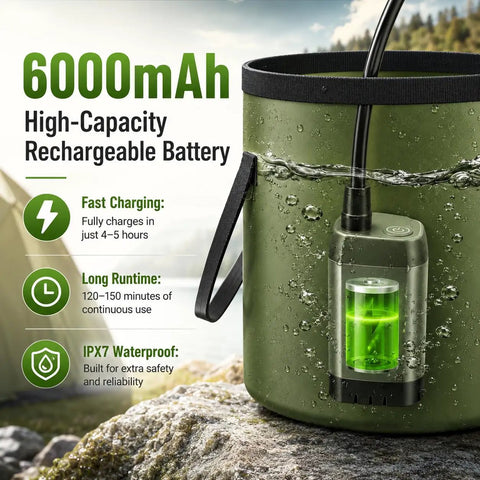 Portable Camping Shower Kit With 6000mAh Rechargeable Battery Smart LED Display waterproof pump in green foldable bucket