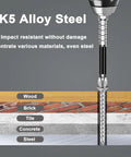 K5 Alloy Steel drill bit demonstrating its impact resistant feature, suitable for wood, brick, tile, concrete, and steel.
