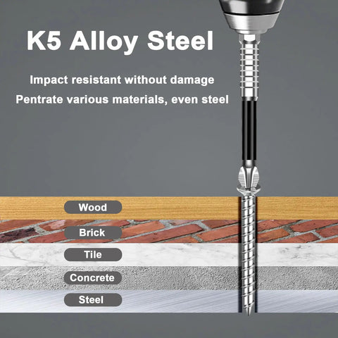 K5 Alloy Steel drill bit demonstrating its impact resistant feature, suitable for wood, brick, tile, concrete, and steel.