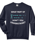Black sweatshirt with text 'What Part Of Morse Code Don’t You Understand' for ham radio fans, vintage style.