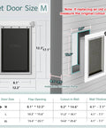 Top Shelf Medium Size Dog Door For Wall With 3 Flap Insulated Panel And Telescoping Tunnel Heck Yeah Slick All Steel Build dimensions and installation details.