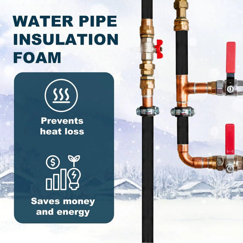 Insulating Foam Pipe Covers For Outdoor And Indoor Water Lines, showing installation on copper pipes, focus on weather resistance.