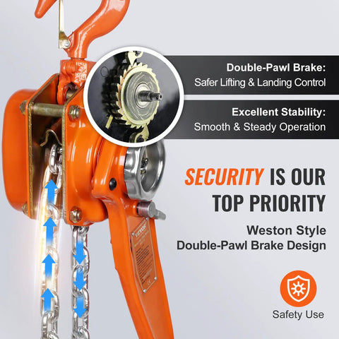 Heavy-Duty 1.5 Ton Lever Chain Hoist With 20 Ft Steel Chain G80 Galvanized, Double-Pawl Brake, Auto Chain Lead, 360 Degree Hook Rotation Ideal For Garage Shop Dock Factory Lifting