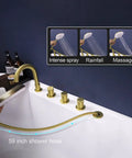 Brushed Gold Five Hole Roman Tub Faucet With Sprayer Deck Mount Tub Filler Set shown with hand shower modes