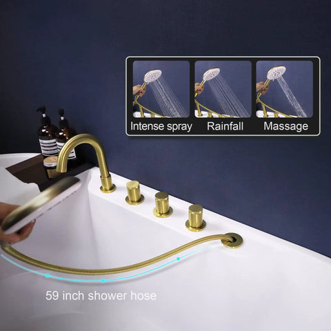 Brushed Gold Five Hole Roman Tub Faucet With Sprayer Deck Mount Tub Filler Set shown with hand shower modes