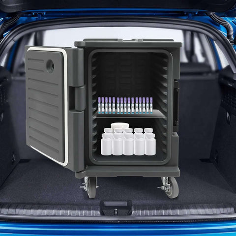 Open Insulated Food Pan Carrier 95 Qt Front Loading Hot Box For Catering Non Electric Food Warmer On Four Wheels in car trunk