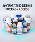 Large Capacity Medicine Bottle Organizer For Cabinet With 9 In Diameter And 3.3 In Height, Clear Lazy Susan holding pill bottles.
