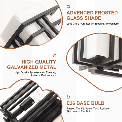 Outdoor Wall Mounted Porch Light Waterproof Exterior Lantern With Frosted Glass And Black Square Metal Frame Details