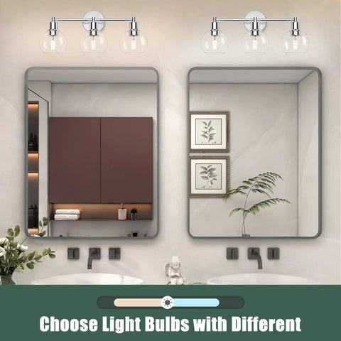 Three Light Chrome Vanity Light Fixture For Bathroom Over Mirror installed above double mirrors with sinks