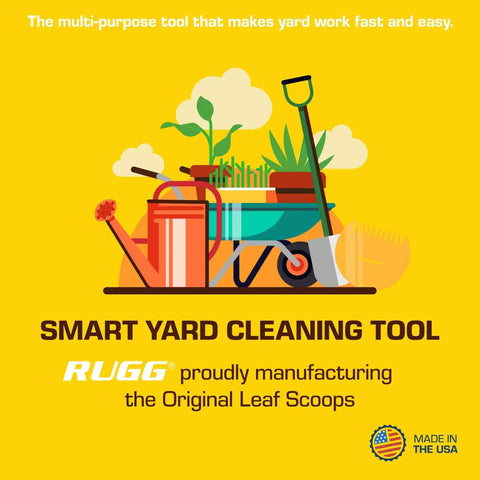 Illustration featuring gardening tools, wheelbarrow, and plants with text "RUGG Original Leaf Scoops Made in the USA."