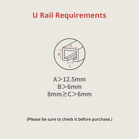 U Rail dimensions for Curtain Smart Electric Motor For U Rail Tracks With Wireless App And Timer Control, showing measurements A, B, C.