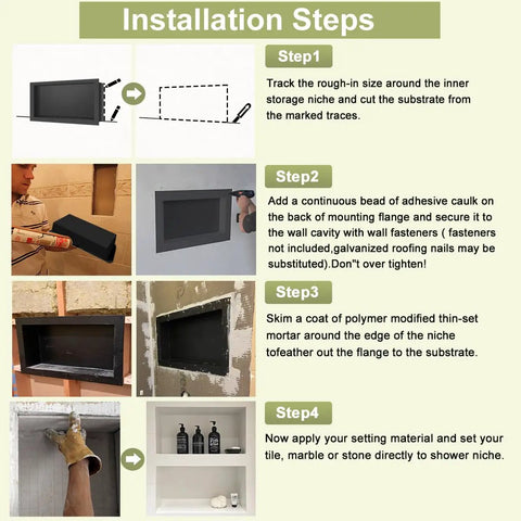Installation steps for Tile Ready Recessed Shower Niche 16x28 Outer, 24x12 Inner, Single Shelf Bathroom Organizer with images