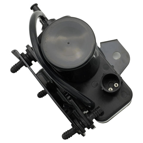 Angled side view of electric vacuum pump assembly; black plastic housing, round diaphragm, mounting studs