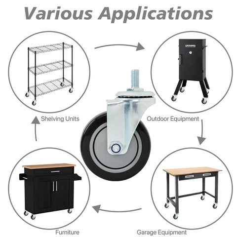 Heavy Duty 4 Inch Polyurethane Swivel Caster Wheels Set Of 4 Threaded Stem black wheel ideal for various applications like furniture and shelving.