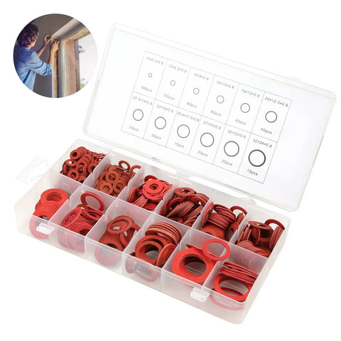 KickAss 600 Pieces Pro Grade Insulating Washers Assortment Kit With 12 Sizes Featuring Red Steel Paper Fiber Flat Rings Packed In A Box Built To Prevent Short Circuits To Keep All Safe During Repair Work Or Installation Tasks At Home Or Garage, open box
