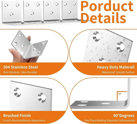 Product details of 40 Pack Stainless Steel L Brackets 2 Inch Corner Braces showcasing heavy duty design and smooth finish.