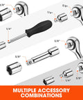 Heavy Duty Carbon Steel Socket Set With One Quarter Inch And Three Eighths Inch Drive, 21-Piece Metric Wrench Kit accessories shown
