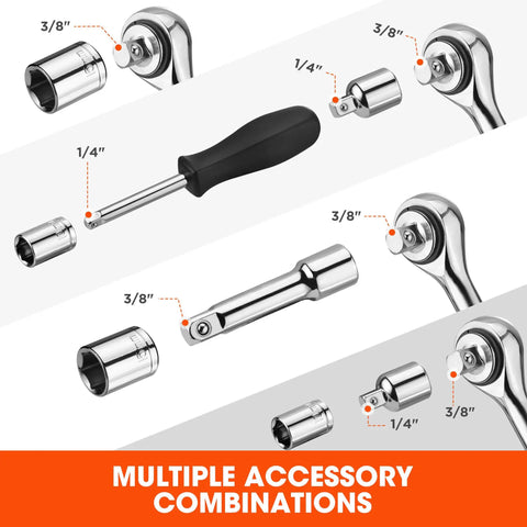 Heavy Duty Carbon Steel Socket Set With One Quarter Inch And Three Eighths Inch Drive, 21-Piece Metric Wrench Kit accessories shown