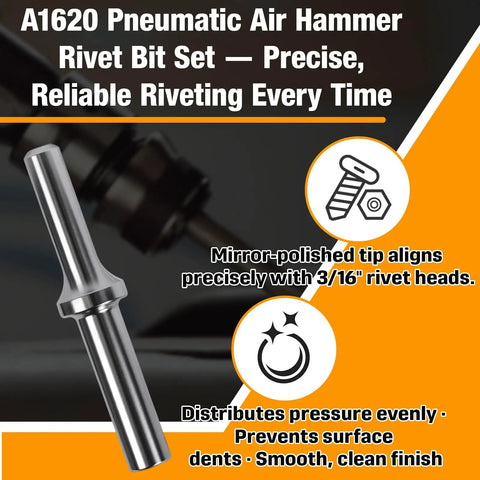 A1620 Pneumatic Air Hammer Rivet Bit Set with mirror-polished tip for 3/16 inch rivet heads and 0.401 inch shank
