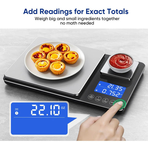Two Platform Kitchen Scale With Ultra Precise 0.01g/0.001oz Readouts, 33lb Big Scale And 1.1lb Mini Scale displayed with food