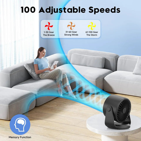 Cordless Desk Fan With Turbo Airflow and Whisper Quiet Operation 7.5 Inch Rechargeable Table Fan in living room with digital display.